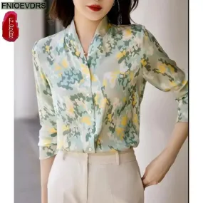 Autumn Basic Blouses Floral Print Elegant Office Lady Retro Vintage Button Shirt XL S4258963