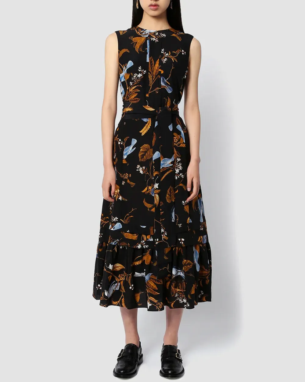 Black Cecilia Birds Pintuck Midi Dress