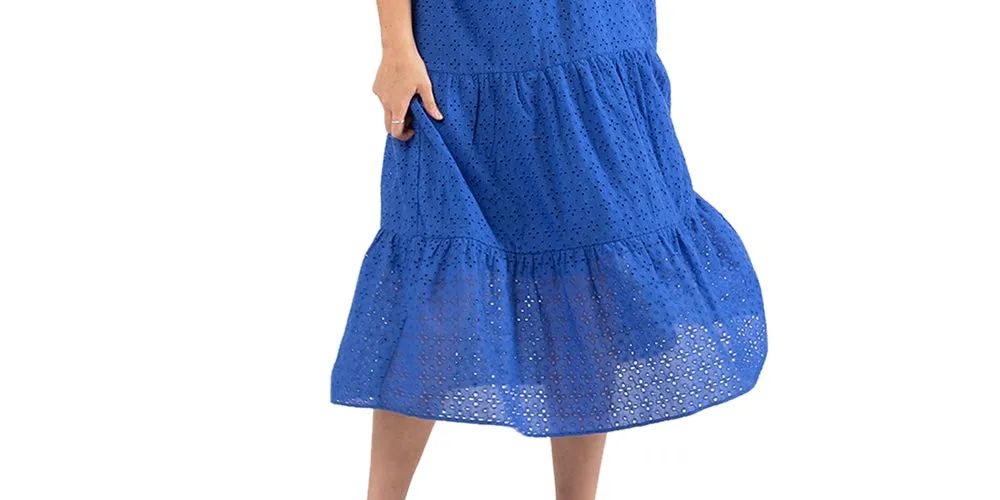 Black Tape Women's Eyelet Ruffled Smocked Tiered Pullover Lined Sleeveless V Neck Midi Fit Flare Dress Blue Size  X-Large