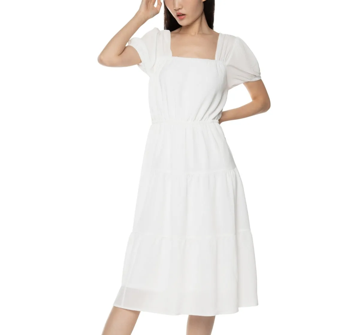 Black Tape Women's Puff Sleeve Tiered Midi Dress White Size Medium