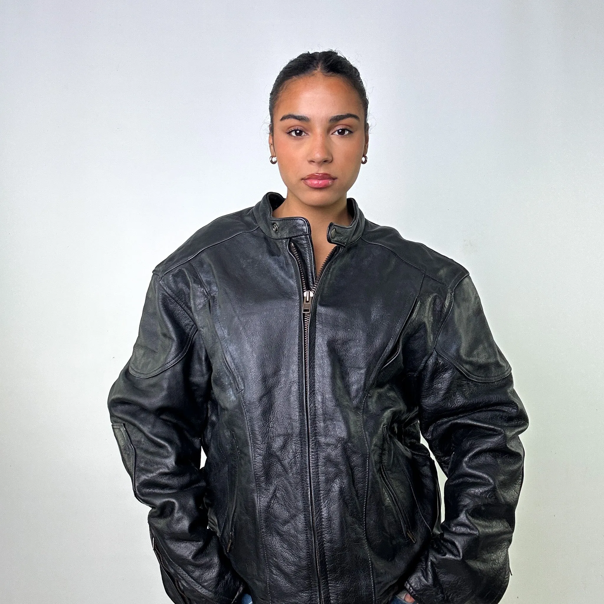 Black Vintage Hot Leather Jacket Coat (L)