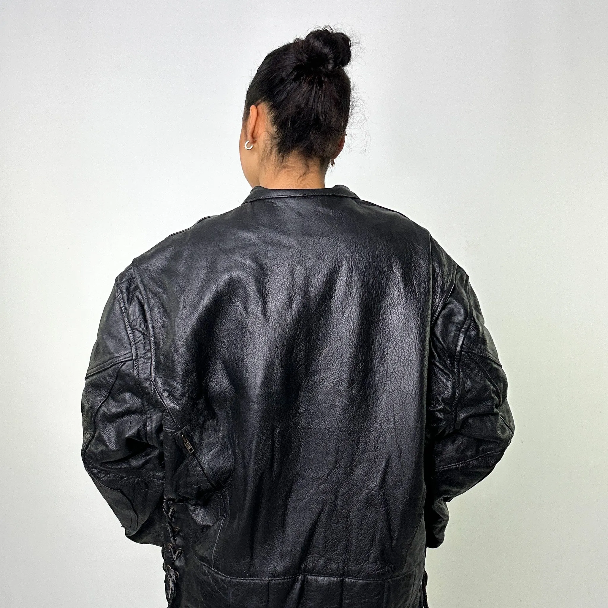 Black Vintage Hot Leather Jacket Coat (L)