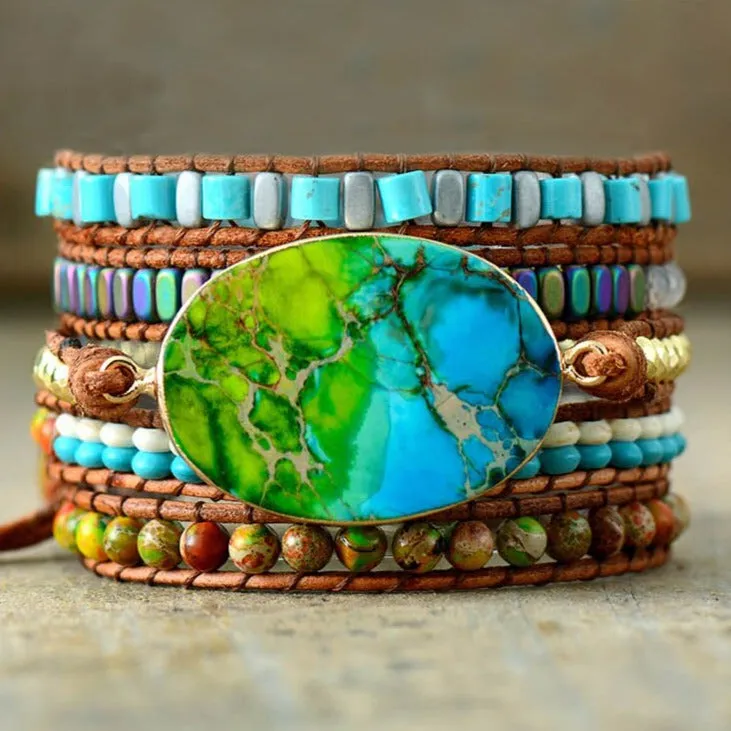 Blue & Green Jasper Rainbow Hematite Wrap Bracelet