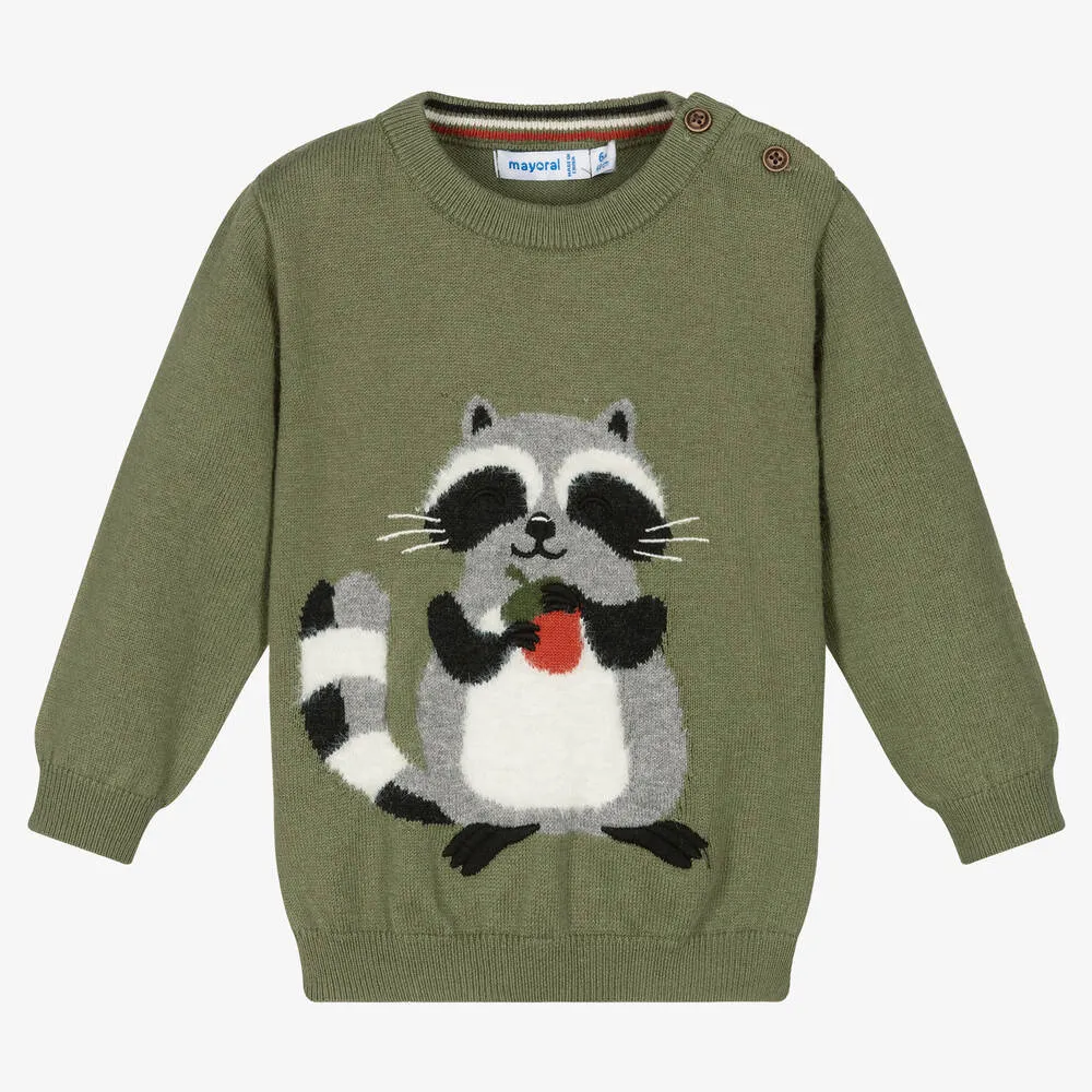 Boys Green Raccoon Sweater