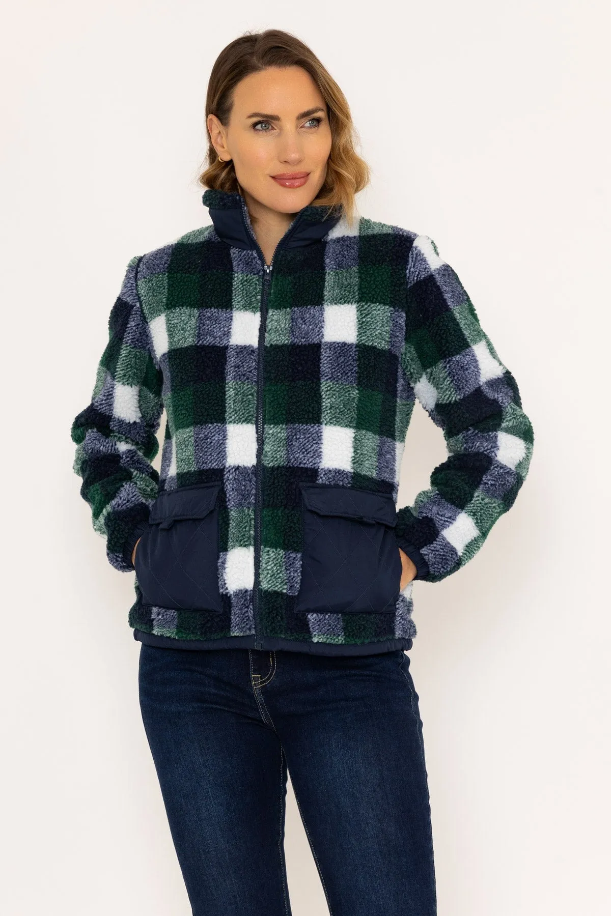 Check Fleece With Patch Pocket in Navy & Dark Green