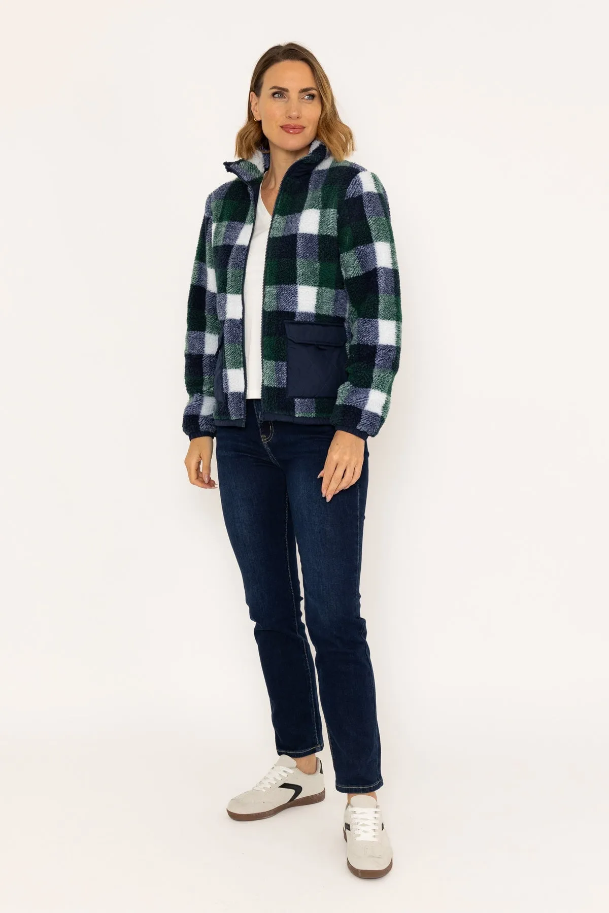 Check Fleece With Patch Pocket in Navy & Dark Green