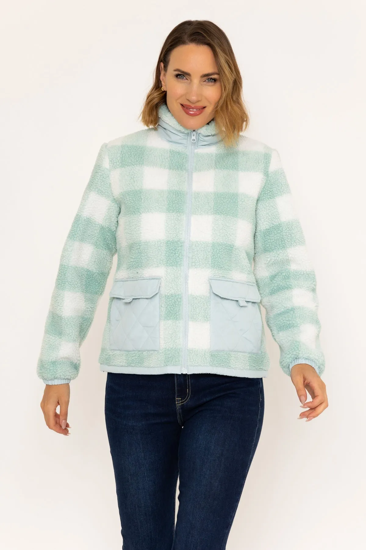 Check Fleece With Patch Pocket in White & Sage Green