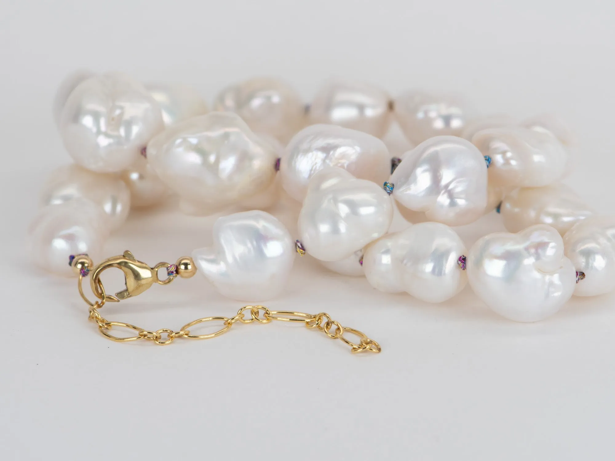 Chunky Baroque Pearl Necklace with Rainbow Hand Knots 14K Gold Filled Finish R4324