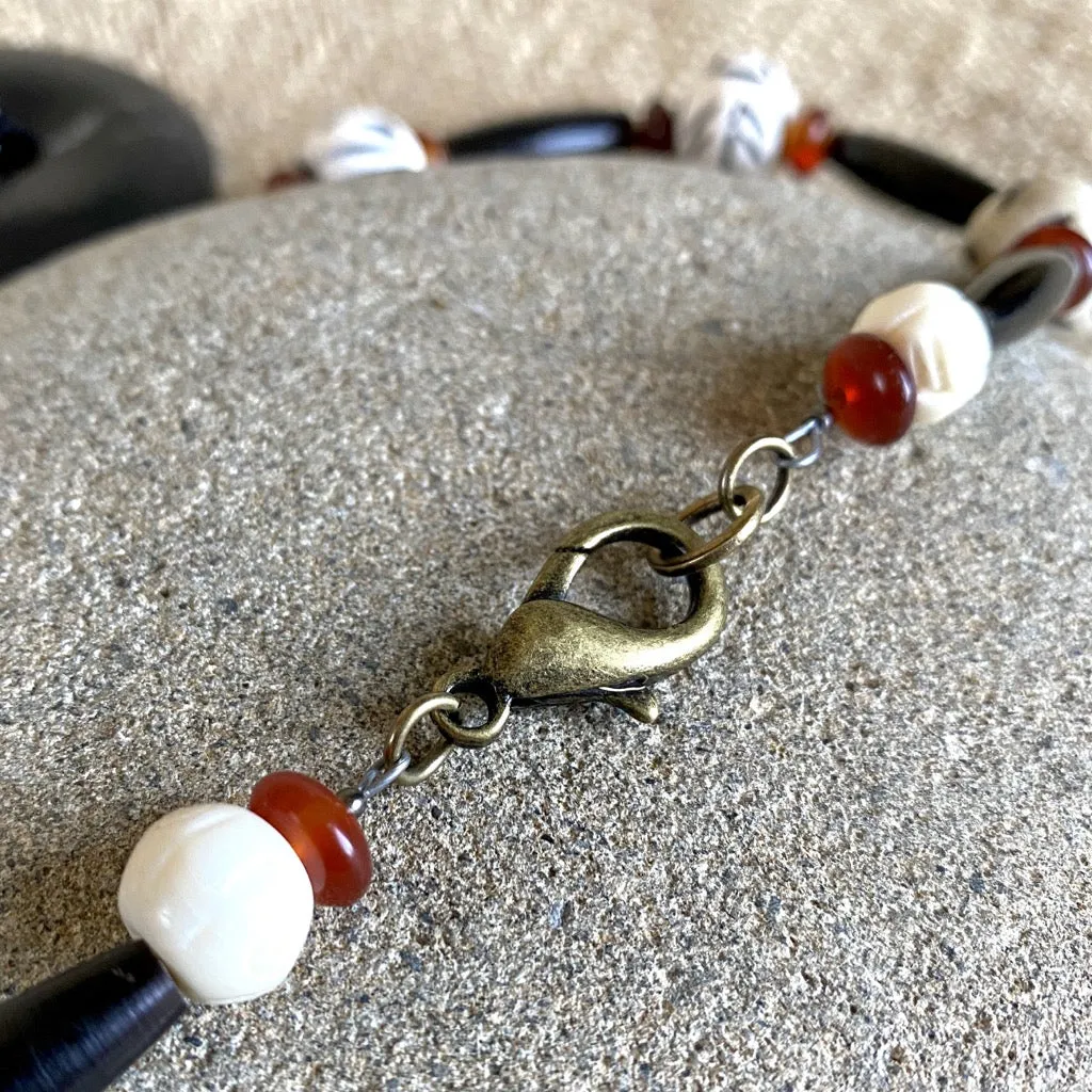 Chunky Shungite Lariat Necklace with Carnelian, Tourmaline & Bone Beads