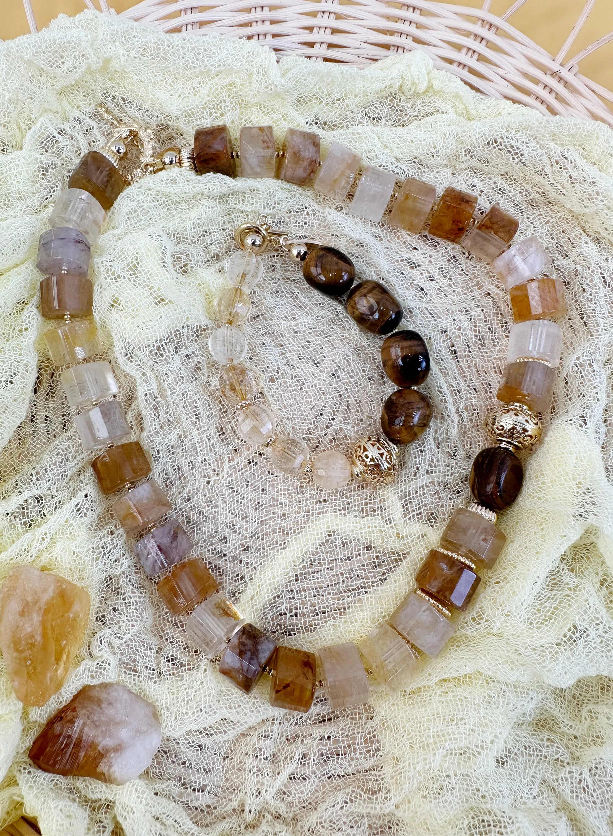 Citrine With Tiger Eye Stones Chunky Necklace JN014