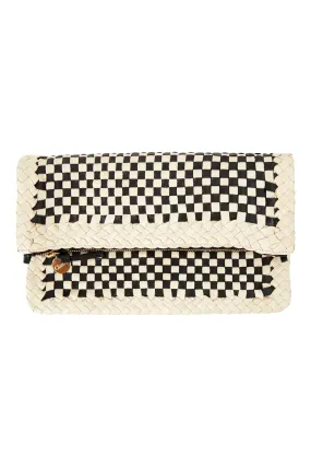 Clare V. Foldover Clutch in Cream & Black Border Woven Checker