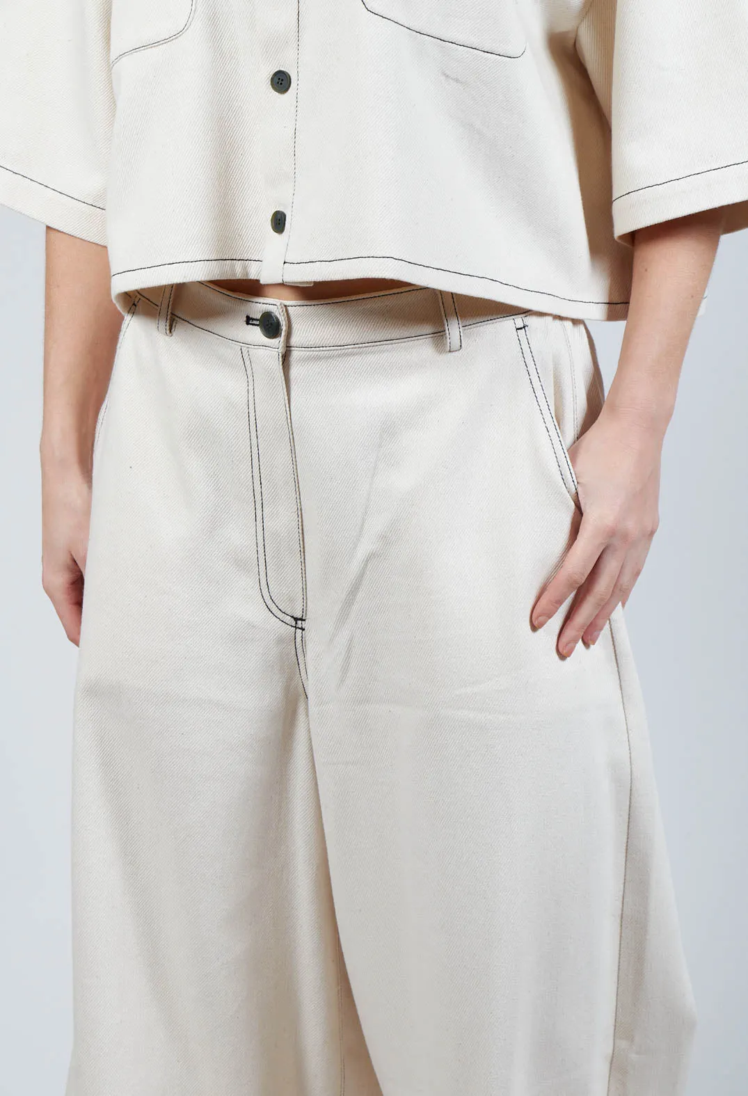 Contrast Stitch Wide Culottes in Off White