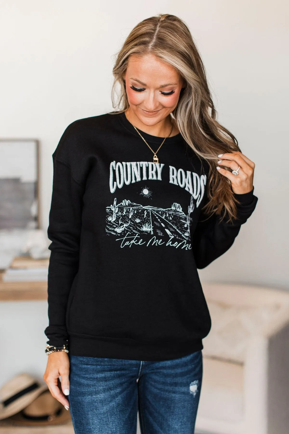 Country Roads Take Me Home Pullover- Black