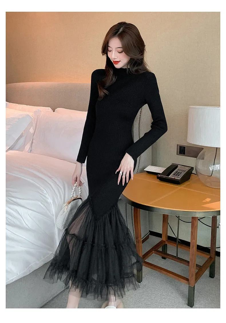 Elegant Office Women's Mesh Full Sleeves Mermaid Slim Pullover Mid Dresses