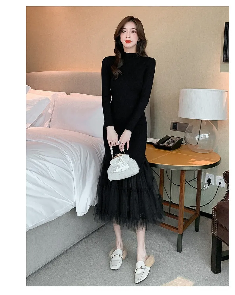 Elegant Office Women's Mesh Full Sleeves Mermaid Slim Pullover Mid Dresses