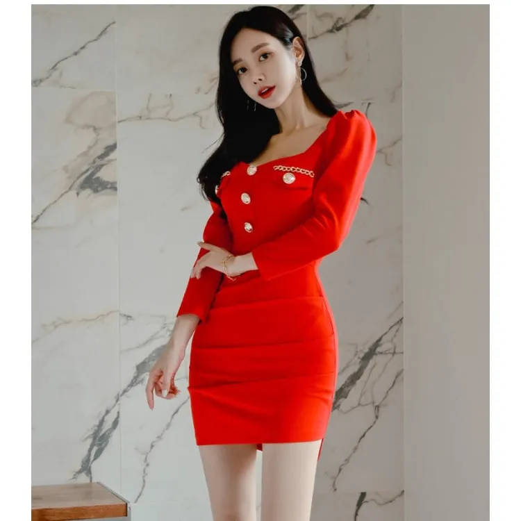 Elegant Summer Women's Solid Button Decor Pullover Mini Pencil Dresses