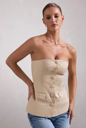 Elliana | Stone Strapless Button Front Tailored Top