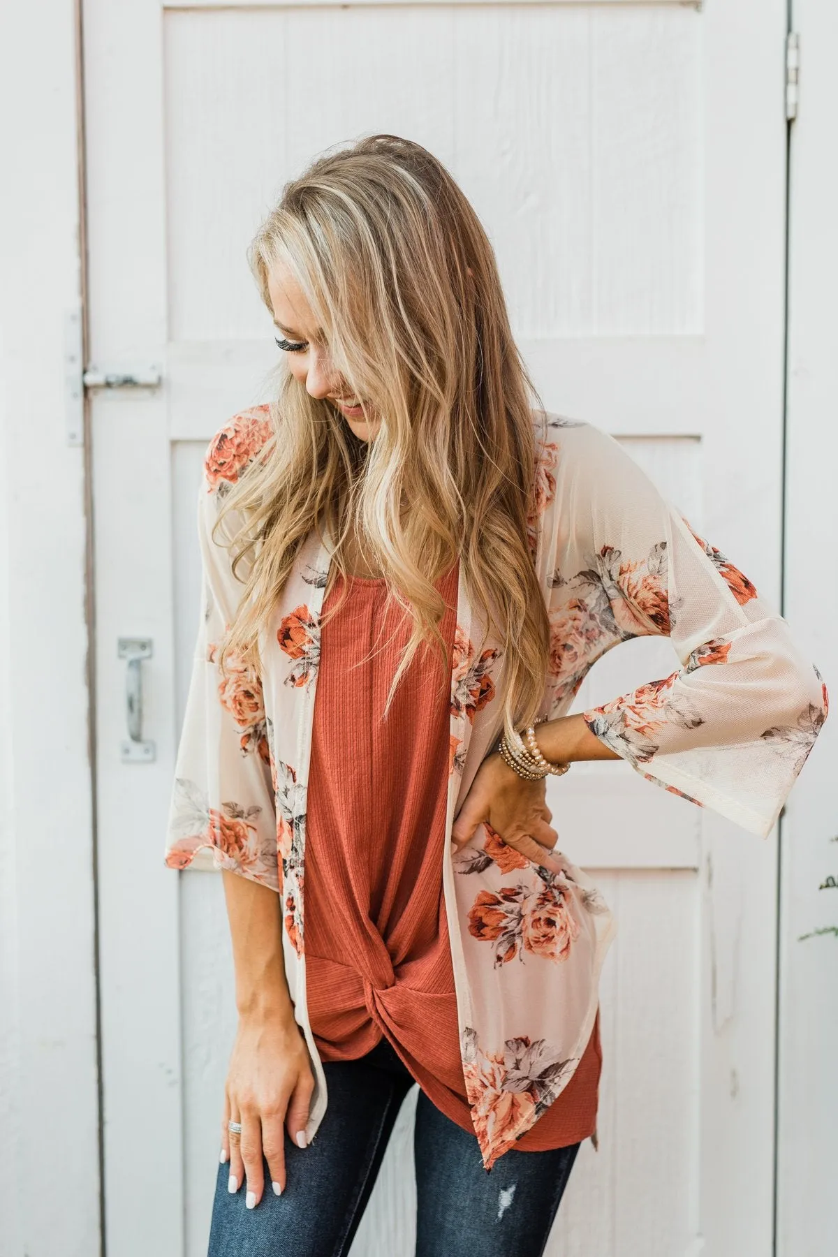 Feels Like Fall Lightweight Floral Kimono- Nude & Rust