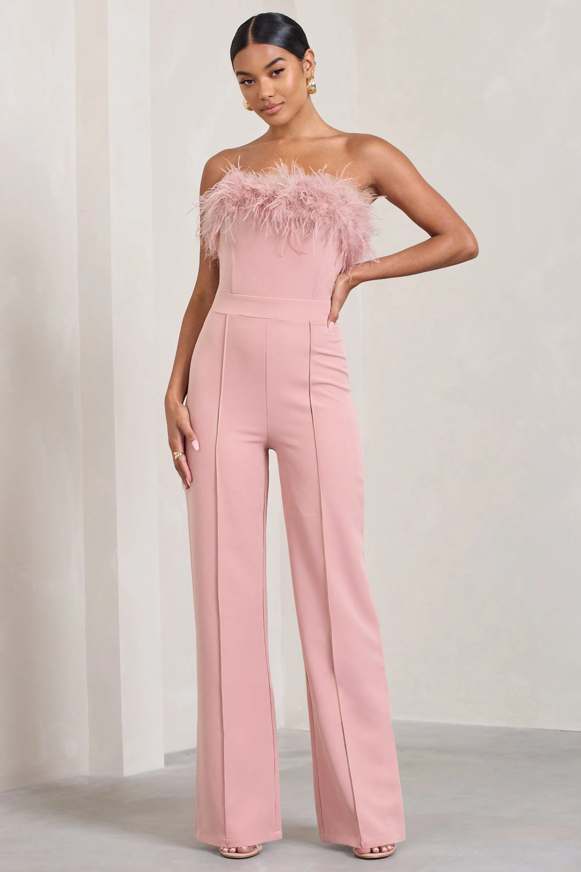 First Class | Pink Bandeau Feather Wide Leg Jumpsuit