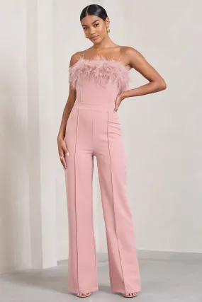 First Class | Pink Bandeau Feather Wide Leg Jumpsuit