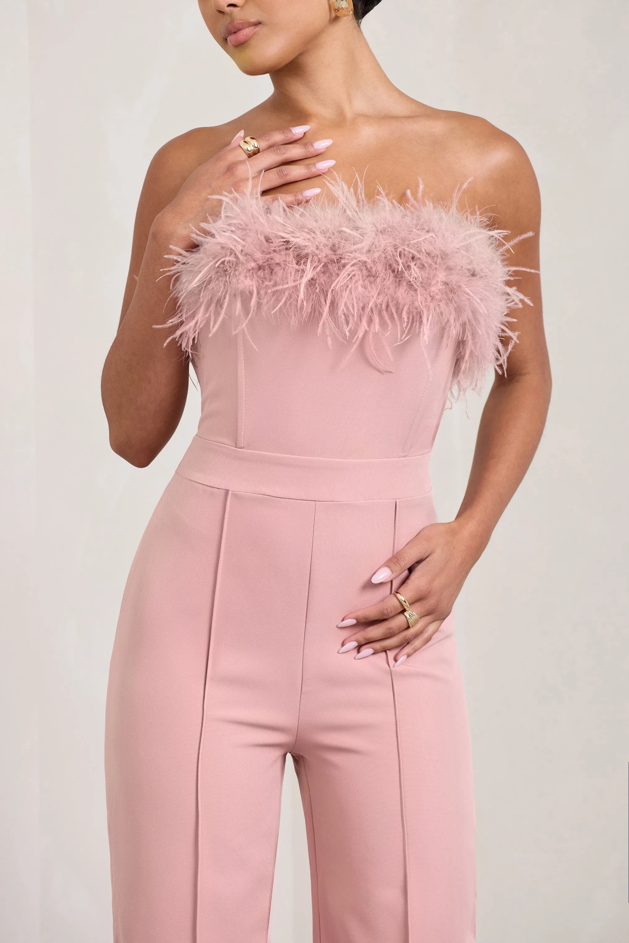 First Class | Pink Bandeau Feather Wide Leg Jumpsuit