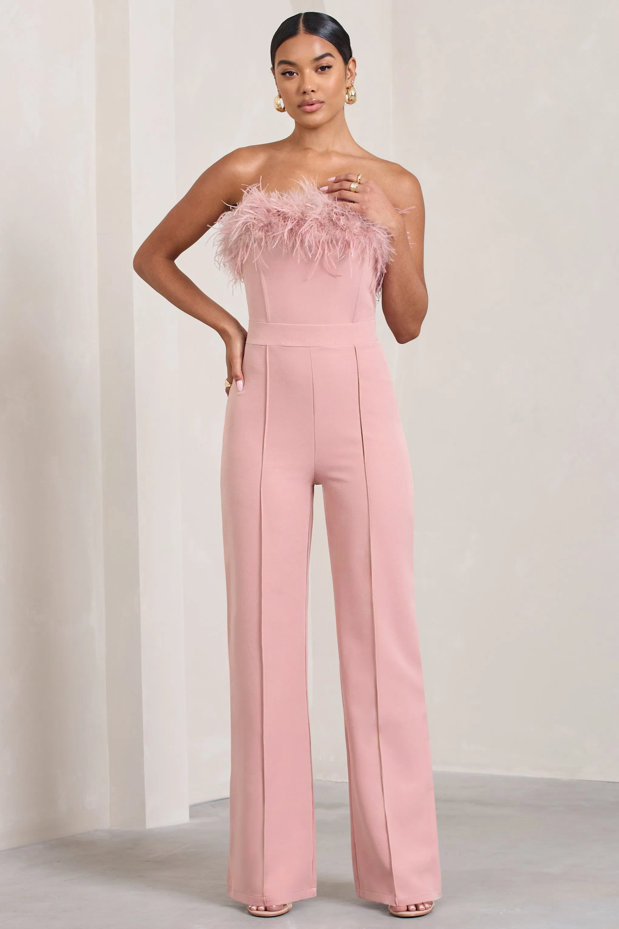 First Class | Pink Bandeau Feather Wide Leg Jumpsuit