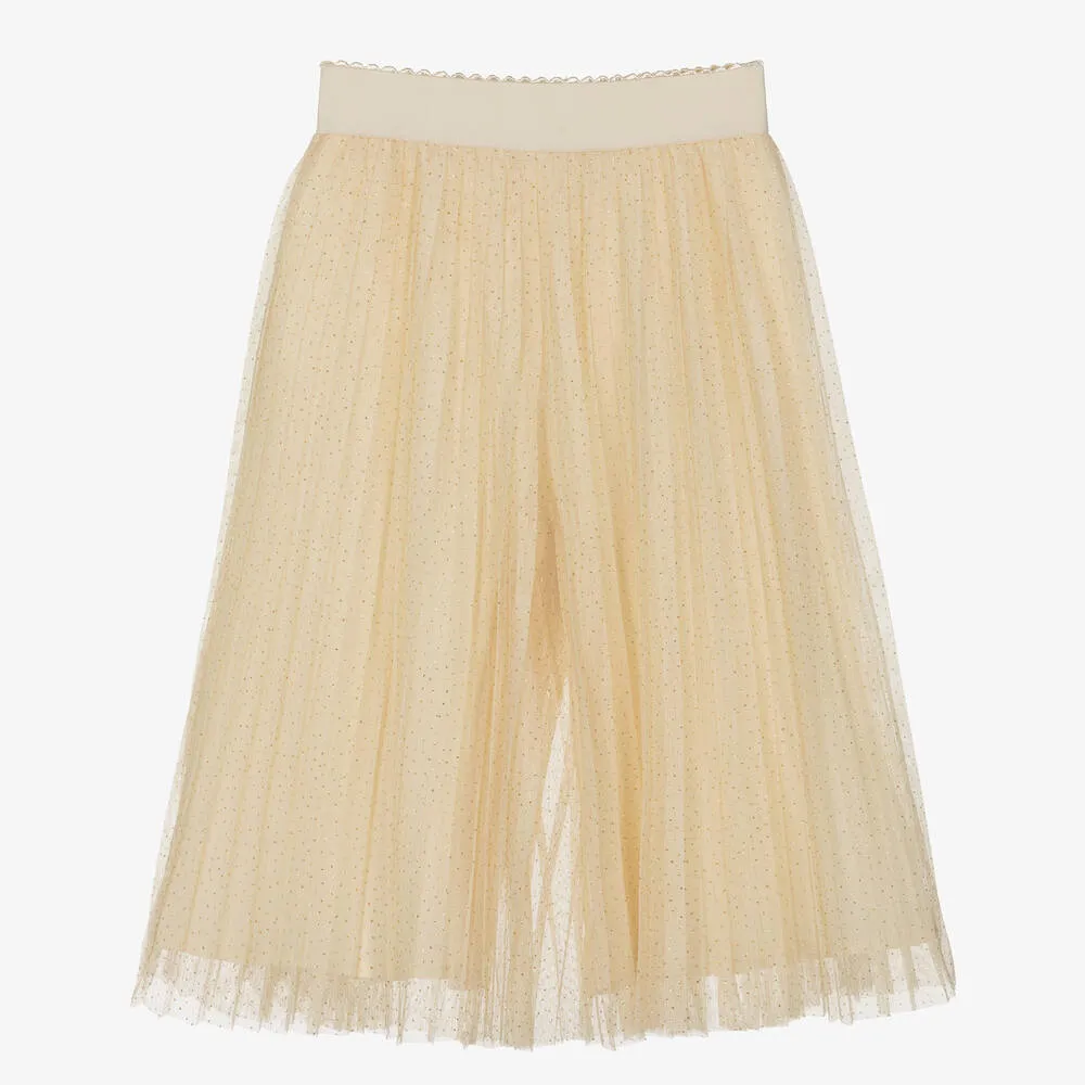 Girls Beige Pleated Tulle Culottes