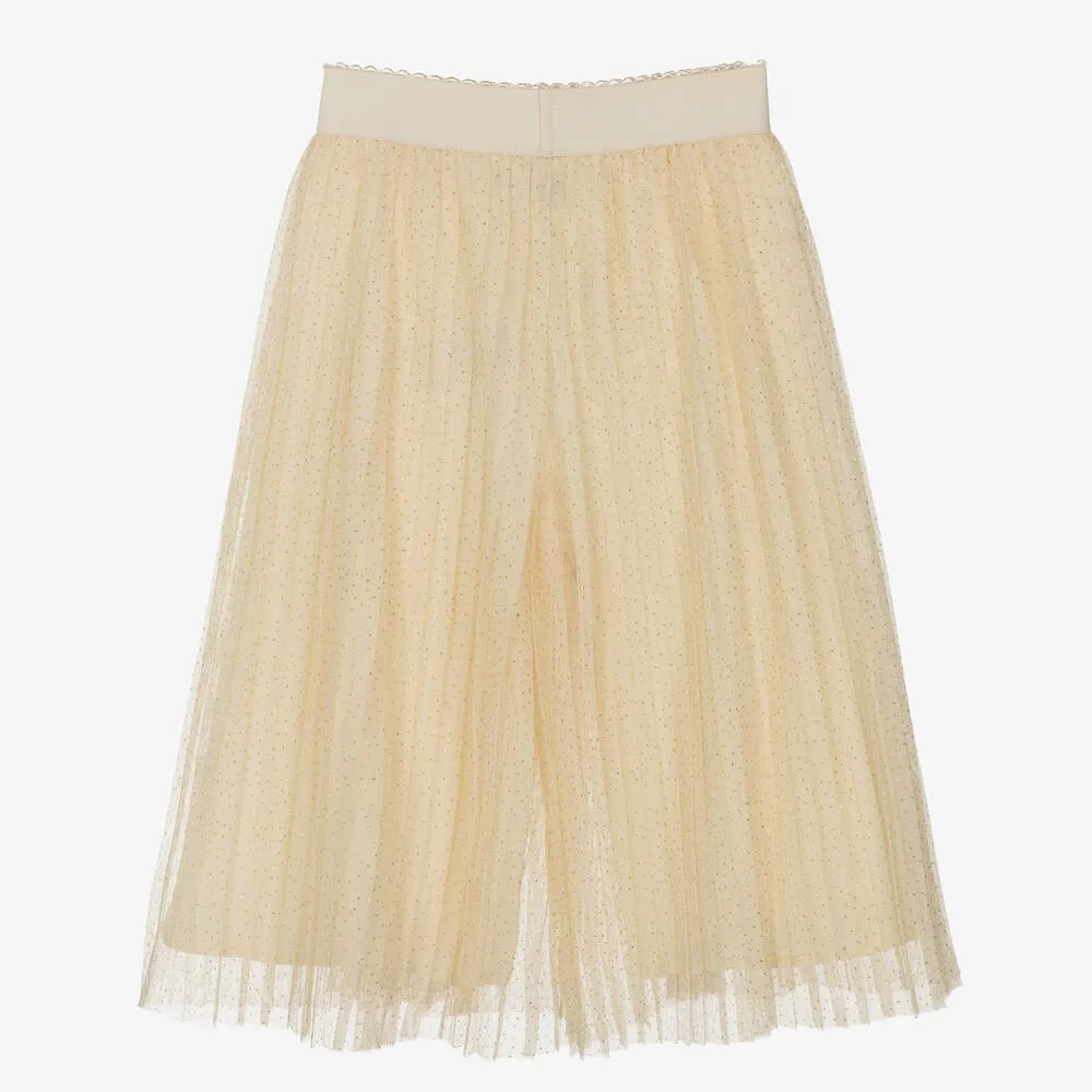 Girls Beige Pleated Tulle Culottes