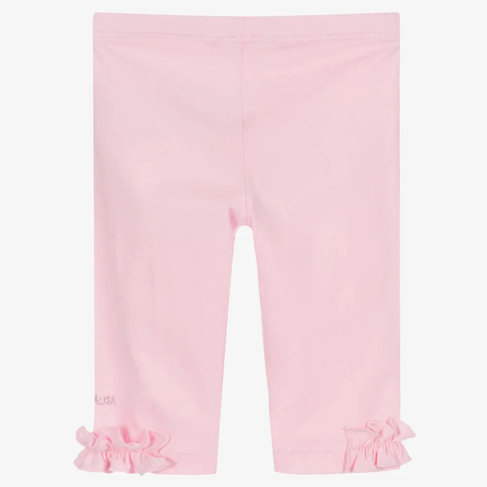 Girls Pink Cotton Ruffle Leggings