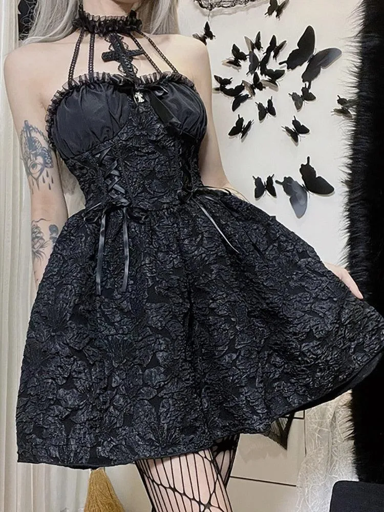 Gothic Emo Jacquard A-line Elegant Ruched Bandage Club Dress