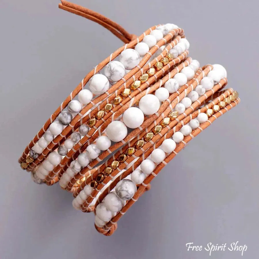 Handmade Natural Howlite 5 Layer Leather Wrap Bracelet