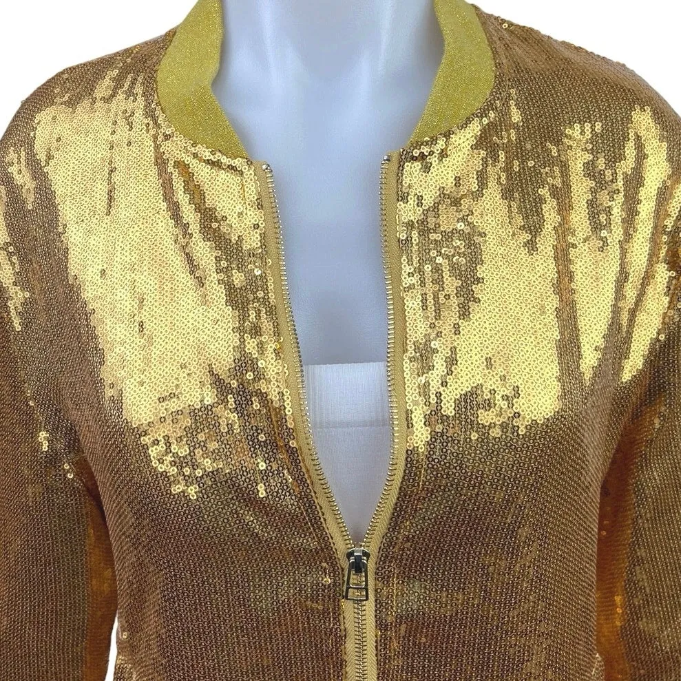 Jogal Gold Sequin Zip Long Sleeve Slim Fit Shiny Club Retro Bomber Coat Jacket M