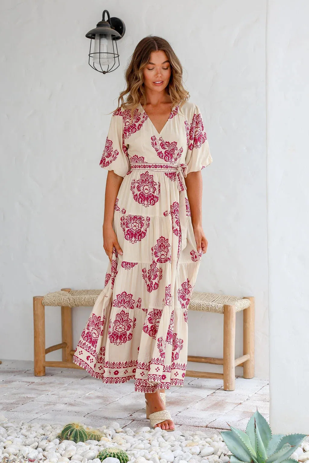 Joop & Gypsy Wrap Maxi Dress - Latte / Burgundy