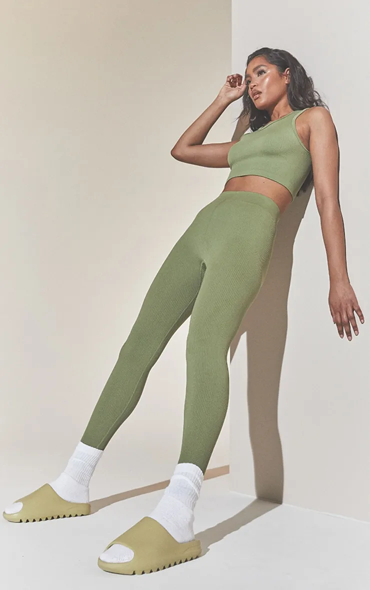 Khaki Structured Contour Ribbed Leggings