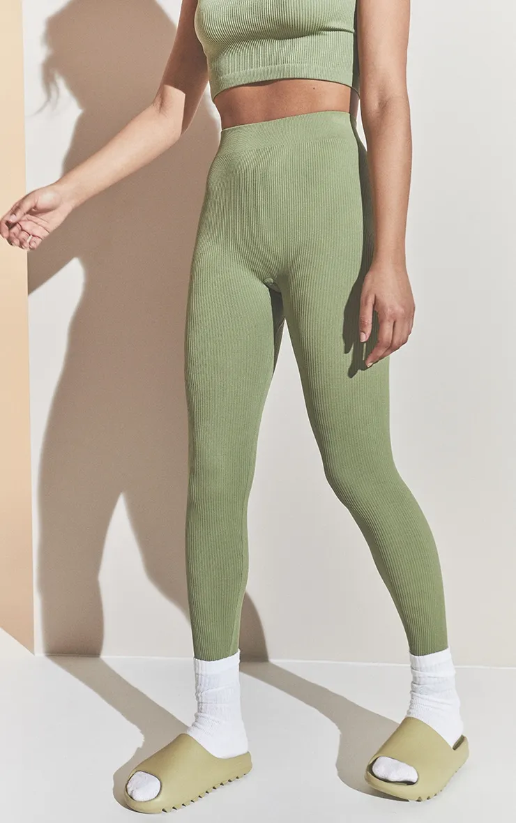 Khaki Structured Contour Ribbed Leggings