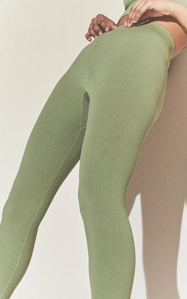 Khaki Structured Contour Ribbed Leggings