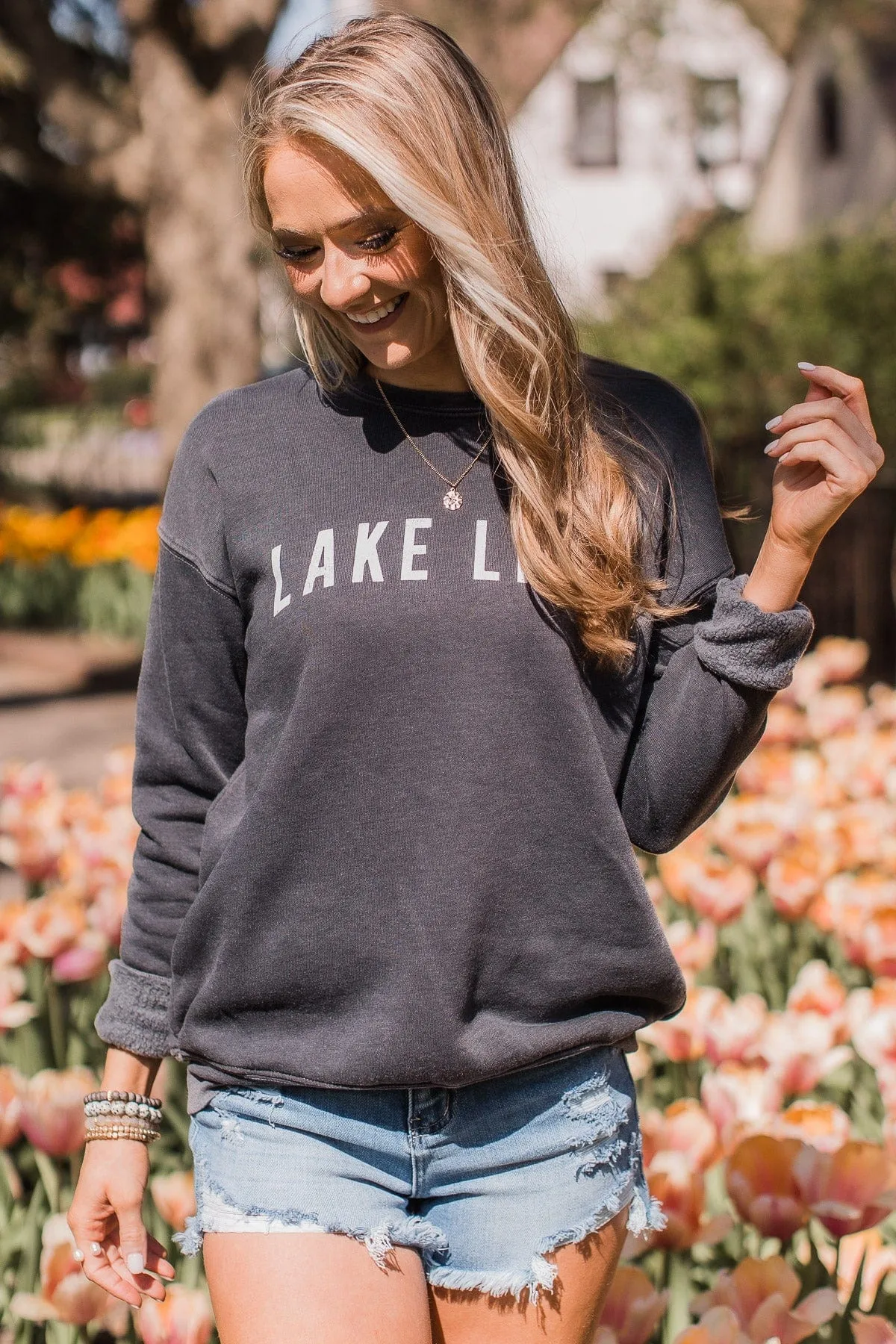 Lake Life Crew Neck Pullover- Charcoal