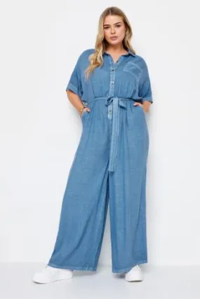 LIMITED COLLECTION Curve Blue Chambray Wide Leg Jumpsuit