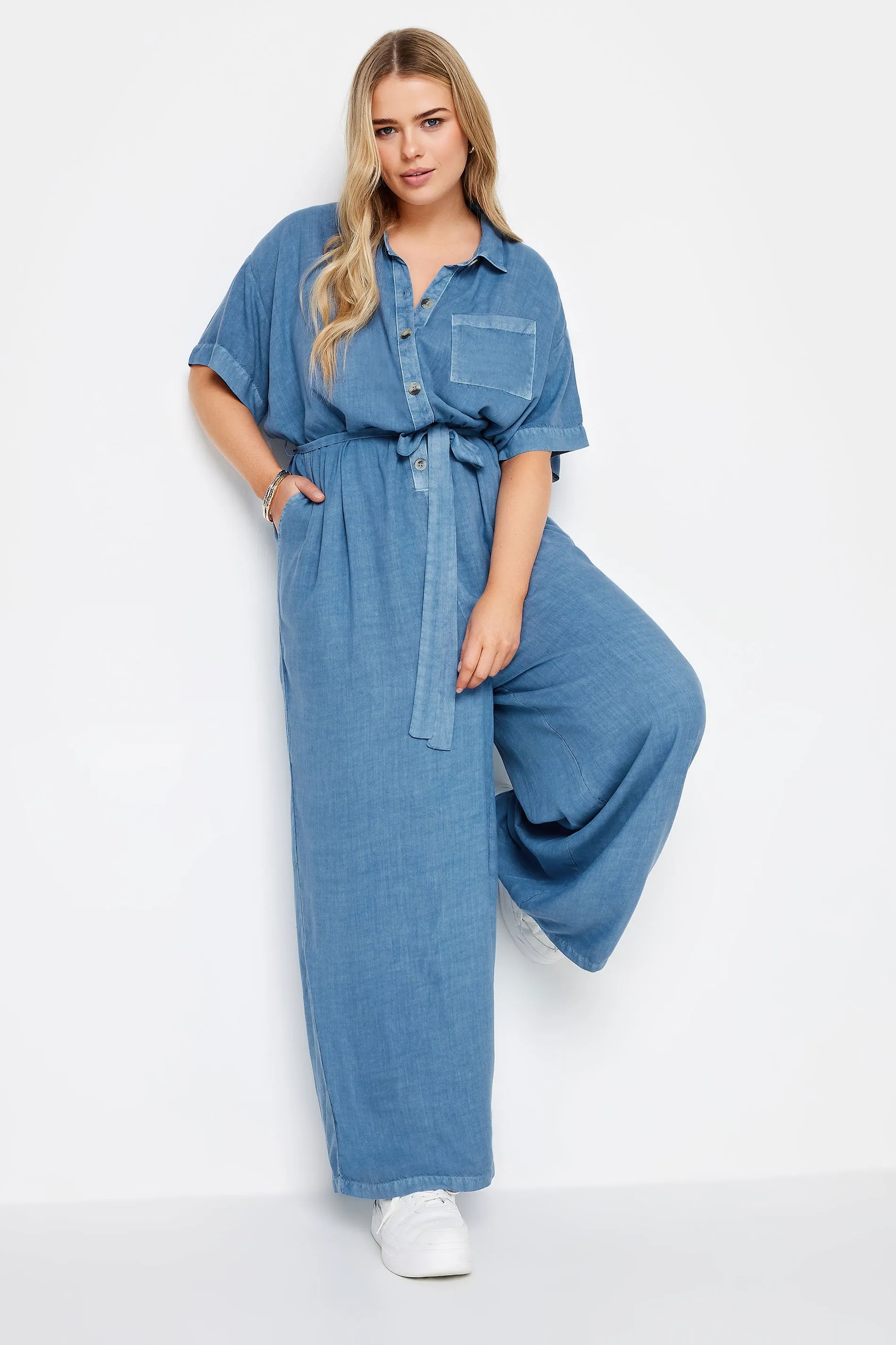 LIMITED COLLECTION Curve Blue Chambray Wide Leg Jumpsuit