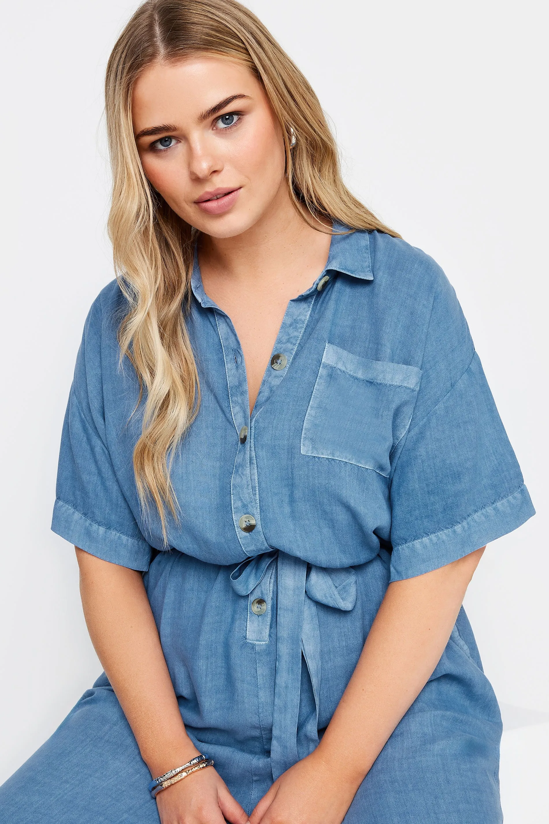 LIMITED COLLECTION Curve Blue Chambray Wide Leg Jumpsuit