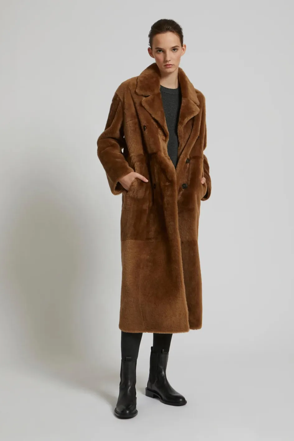 Long Double-Breasted Coat in Lambskin