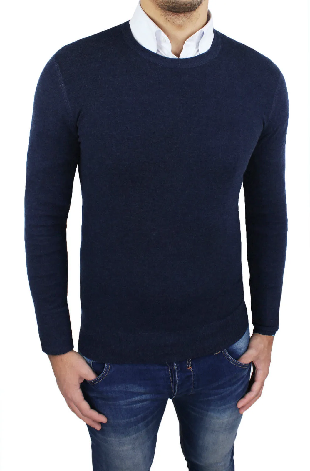 MAGLIONE UOMO SLIM FIT BLU SCURO GIROCOLLO MAGLIA PULLOVER S M L XL XXL 3XL