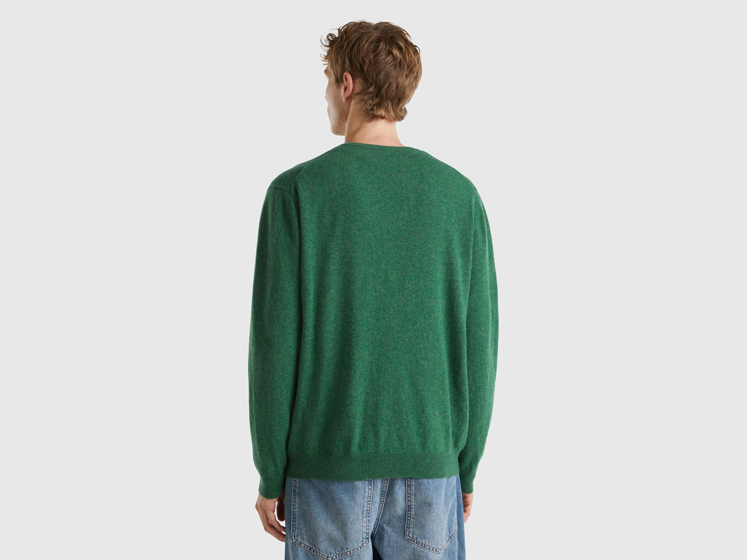 Marl green V-neck sweater in pure Merino wool - Green | Benetton