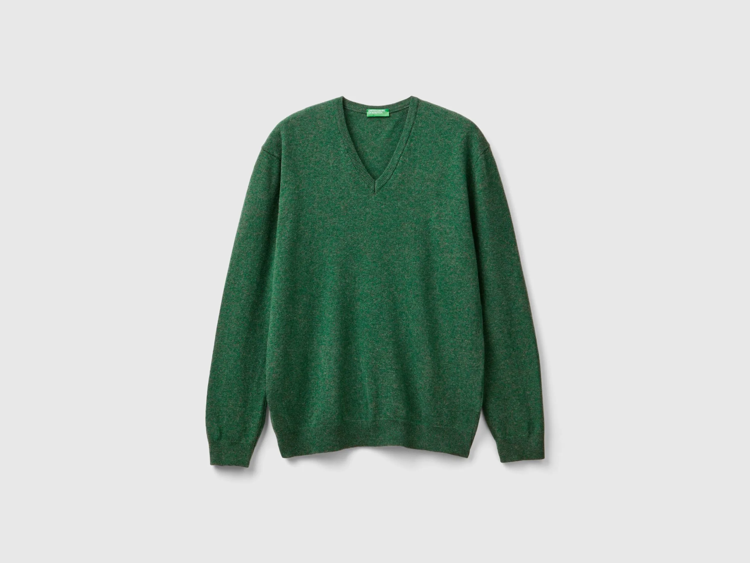 Marl green V-neck sweater in pure Merino wool - Green | Benetton