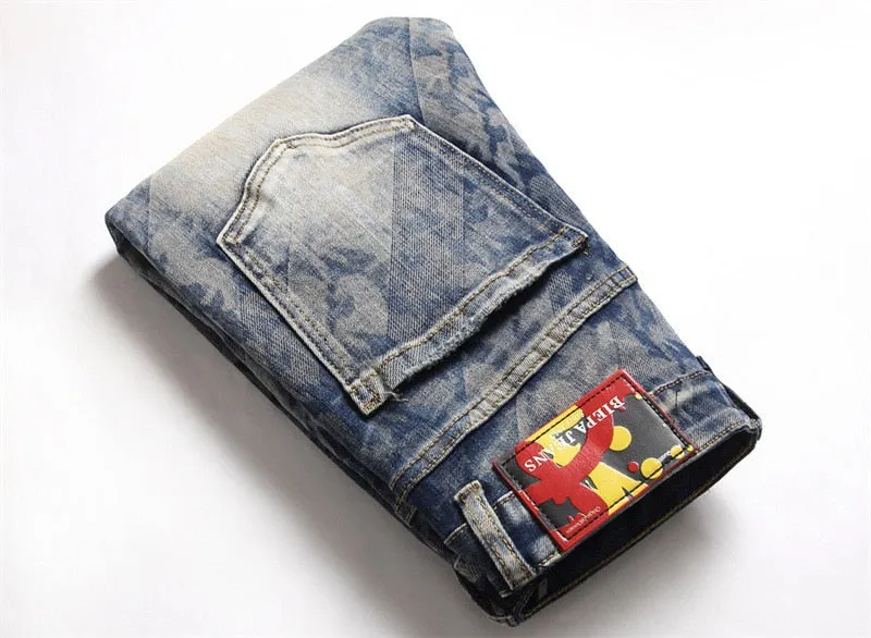 Men's Punk Printed Fashion Small Ground Foot Mid-waist Slim Jeans Trousers