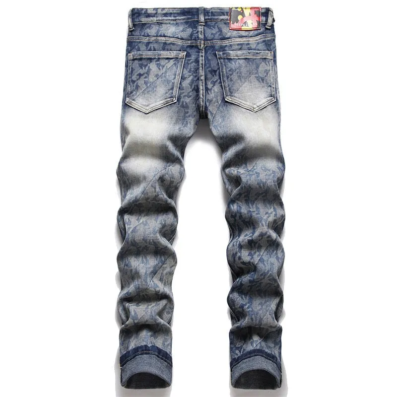 Men's Punk Printed Fashion Small Ground Foot Mid-waist Slim Jeans Trousers