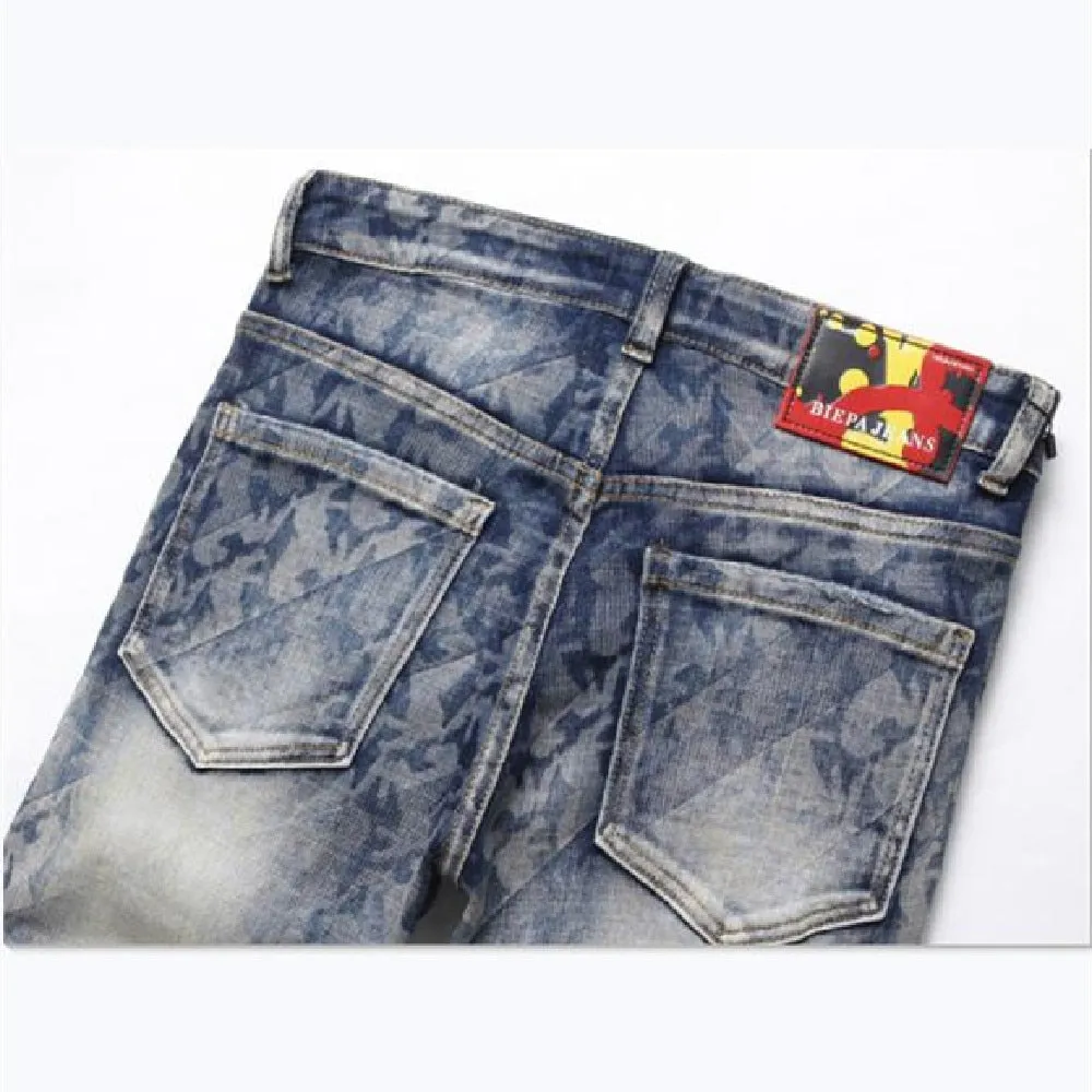 Men's Punk Printed Fashion Small Ground Foot Mid-waist Slim Jeans Trousers