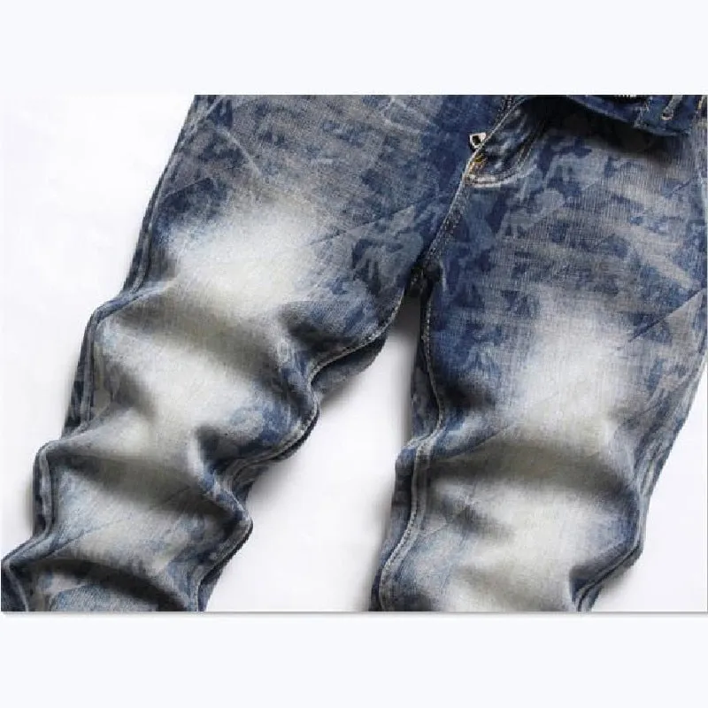 Men's Punk Printed Fashion Small Ground Foot Mid-waist Slim Jeans Trousers