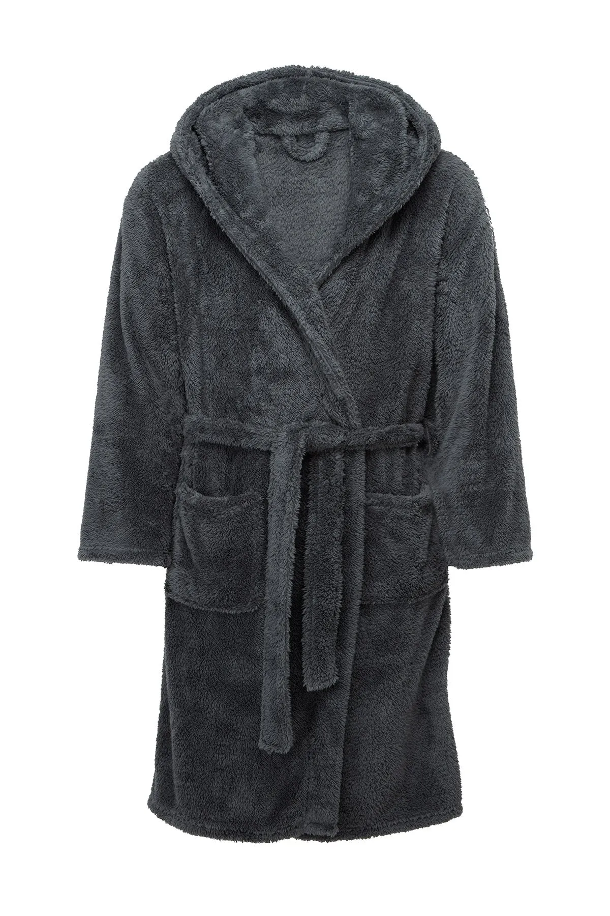 Mens Sherpa Hooded Fleece Robe in Charcoal