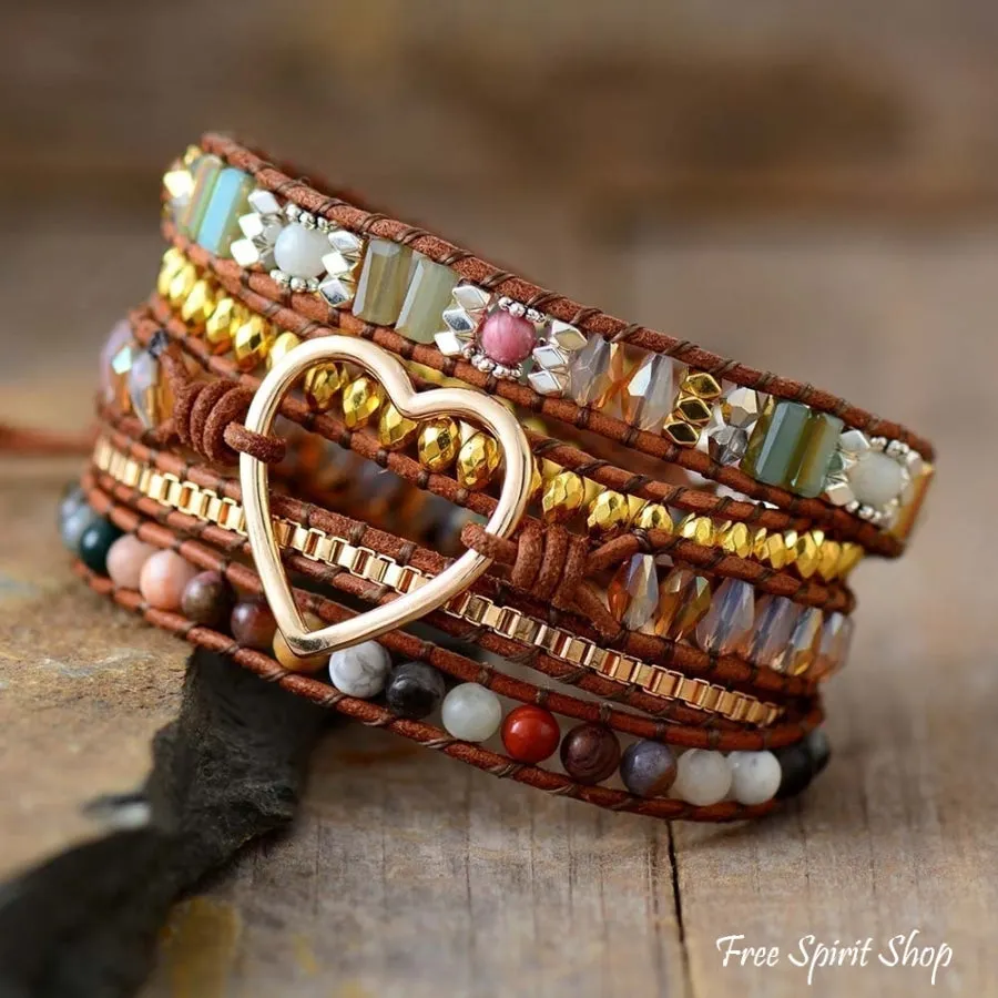 Mixed Gemstones & Heart Charm Wrap Bracelet